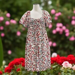 Alluv Place Floral‎ Puff Sleeve Cottagecore Midi Dress Smocked Bodice Festival